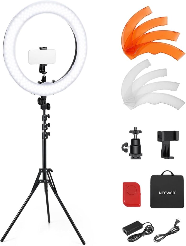 NEEWER 55W 18″/45cm Ring Light Kit [New Version], 5600K 0-100% Dimming LED Selfie Light with Light Stand and Phone Holder for Makeup Lash Tattoo Barber Vlog Studio Video Photography Lighting, RL-18