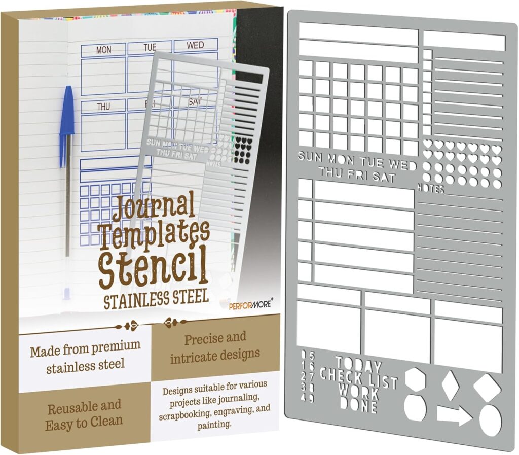 Performore Stainless Steel Stencil – Precision Crafting Tool for Drawing, Journaling, Templates, and Scrapbooks (4.13″ x 7″ [105mm x 180mm])