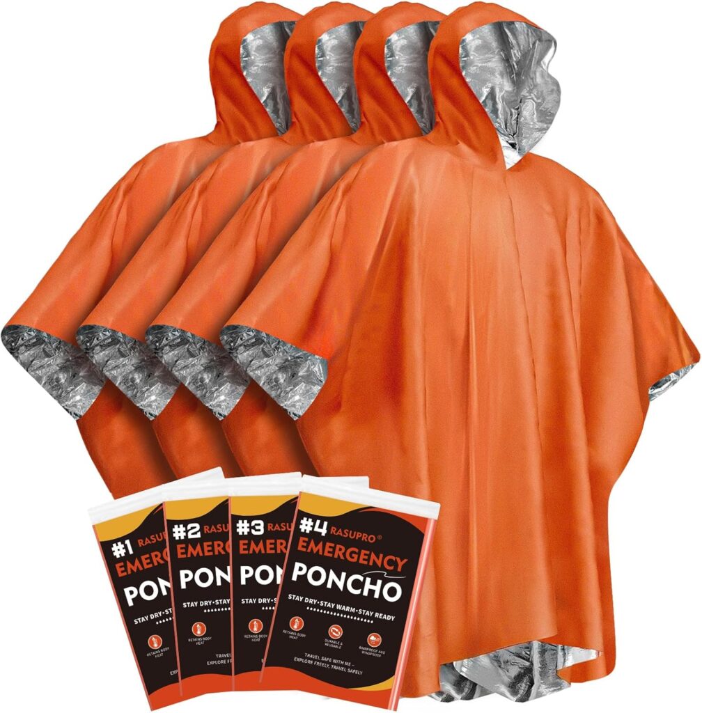 4 Pack Emergency Ponchos with Thickened Mylar Blanket Lining, Windproof, Waterproof, and Thermal Orange Survival Ponchos – Perfect for Outdoor Rescue, Family Camping Gear, Car Emergency Kits