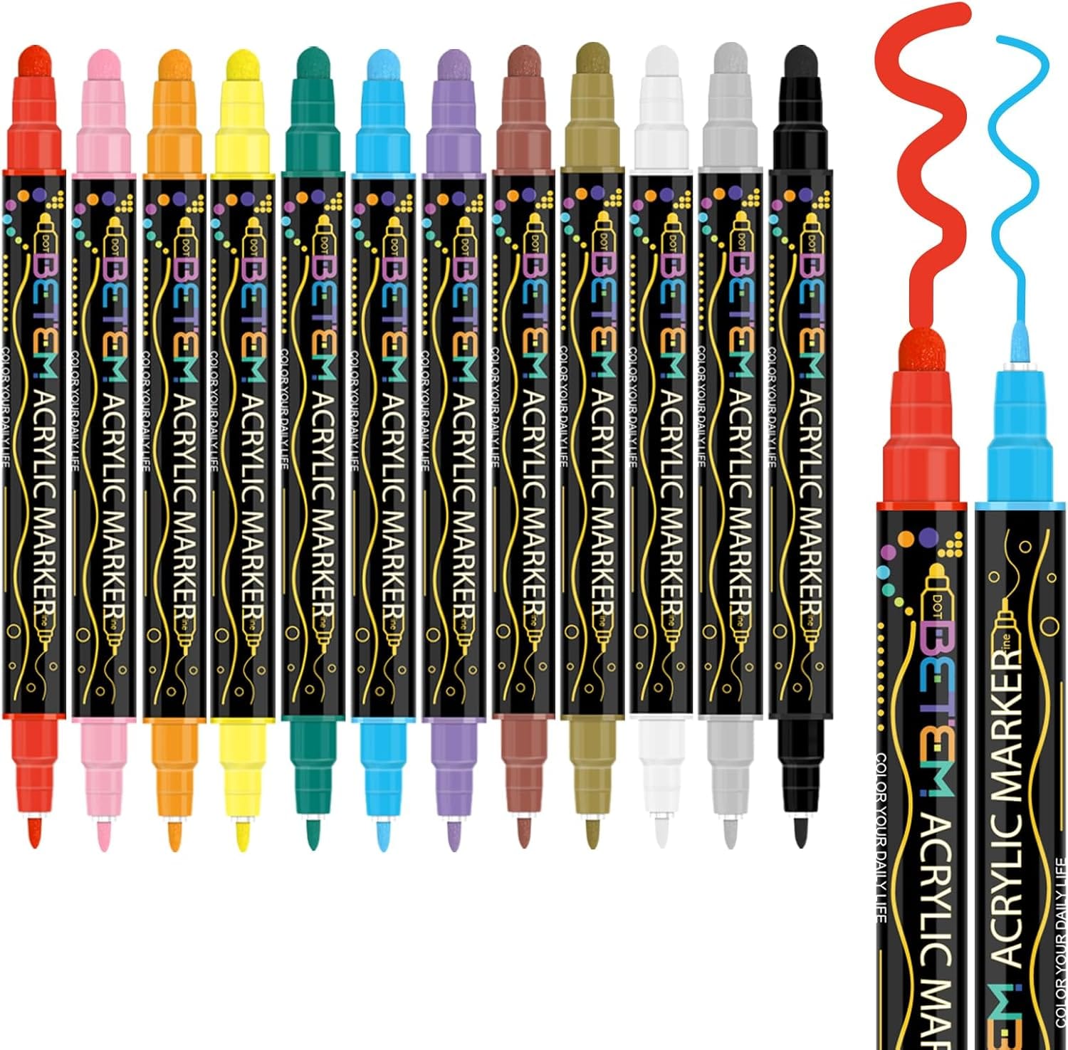 Betem 12 Colors Dual Tip Acrylic Paint Pens Markers, Premium Acrylic Paint Pens for Wood, Canvas, Stone, Rock Painting, Glass, Ceramic Surfaces, DIY Crafts Making Art Supplies