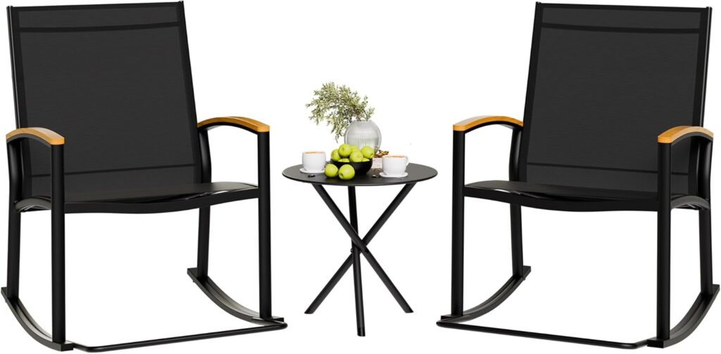 Shintenchi 3 Piece Outdoor Rocking Bistro Set, Textilene Fabric Small Patio Furniture Set, Front Porch Rocker Chairs Conversation Set with Table for Lawn, Garden, Balcony, Poolside (Black) Shintenchi 3 Piece Outdoor Rocking Bistro Set, Textilene Fabric Small Patio Furniture Set, Front Porch Rocker Chairs Conversation Set with Table for Lawn, Garden, Balcony, Poolside (Black)