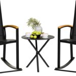 Shintenchi 3 Piece Outdoor Rocking Bistro Set, Textilene Fabric Small Patio Furniture Set, Front Porch Rocker Chairs Conversation Set with Table for Lawn, Garden, Balcony, Poolside (Black)