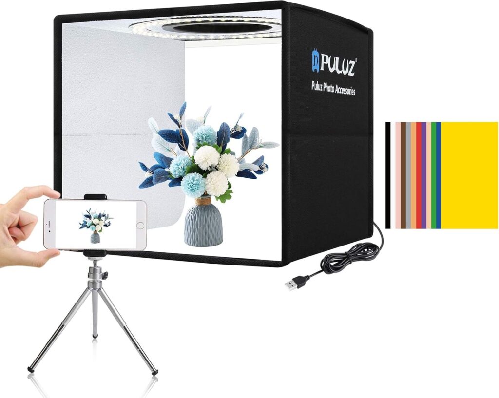 PULUZ Mini Photo Studio Light Box, Photo Shooting Tent kit, Portable Folding Photography Light Tent with CRI >95 102pcs LED Light & 6 Kinds Double-Sided Color Backgrounds for Small Size Products