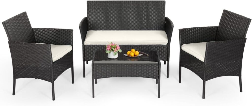 FDW | 4-Piece Patio Furniture Set | Outdoor Wicker Furniture with Coffee Table | Modern Rattan Chairs Conversation Set | Outdoor Seating | Weather-Resistant | Black | for Porch, Garden, Lawn FDW | 4-Piece Patio Furniture Set | Outdoor Wicker Furniture with Coffee Table | Modern Rattan Chairs Conversation Set | Outdoor Seating | Weather-Resistant | Black | for Porch, Garden, Lawn