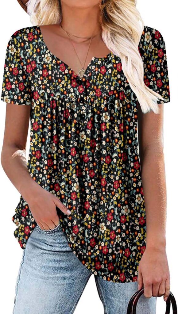 ROSELINLIN Women’s Short Sleeve Shirts Floral Summer Tops Loose Fit for Leggings