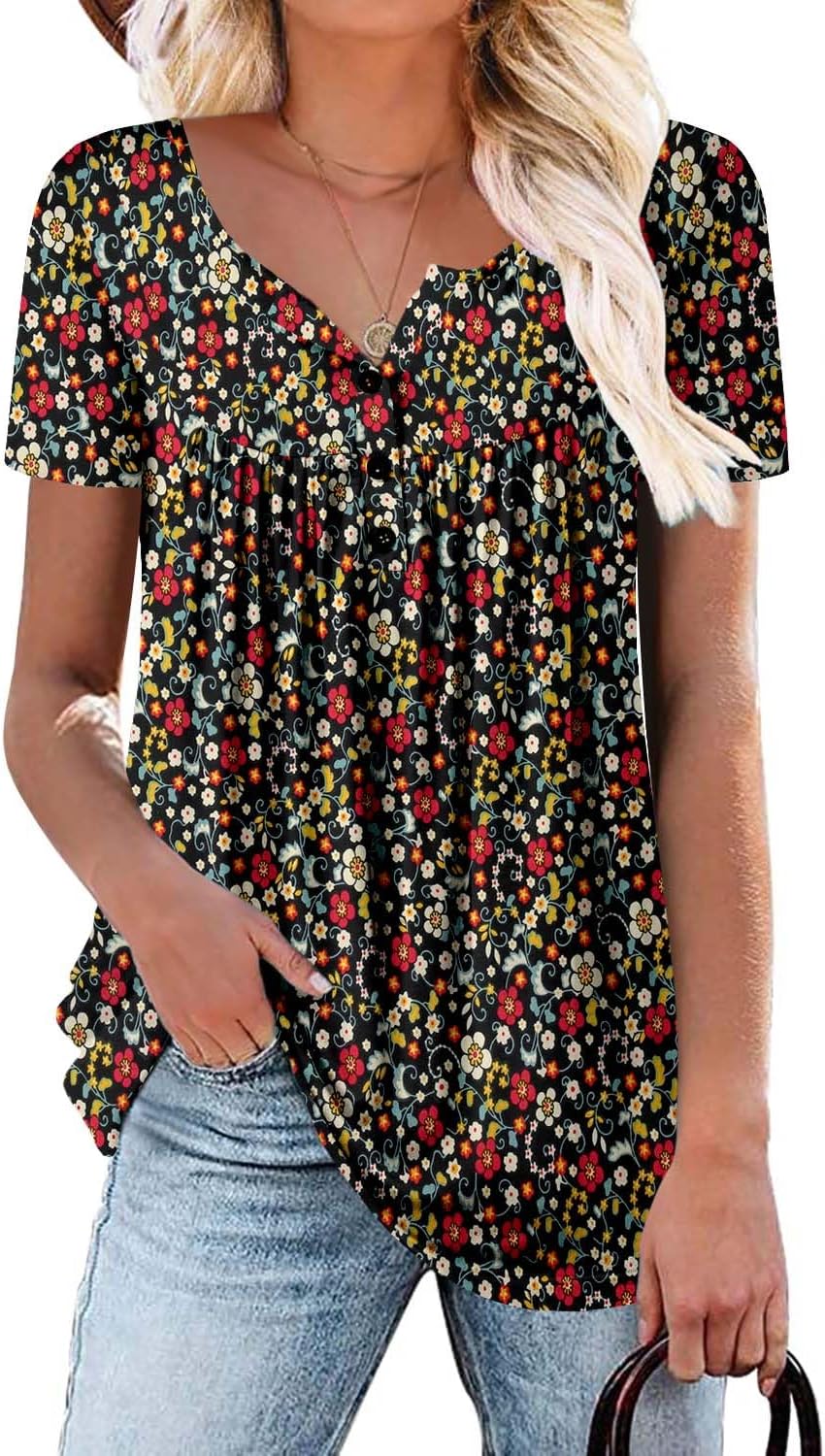 ROSELINLIN Women’s Short Sleeve Shirts Floral Summer Tops Loose Fit for Leggings