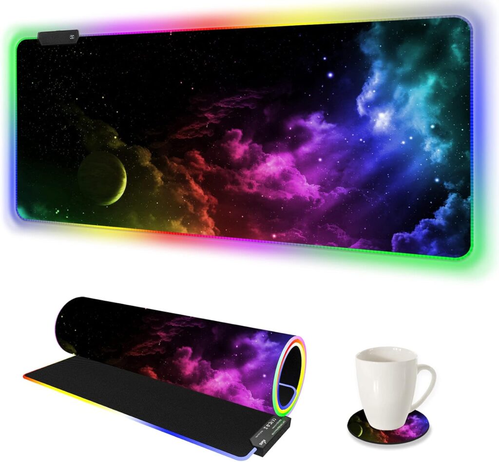 AIMSA Large RGB Gaming Mouse Pad, Keyboard Mousepad Led Extended 35.4 x 15.8 inch Non-Slip Rubber Base with 14 Lighting Modes, Big Desk Mat Waterproof, Nebula Universe