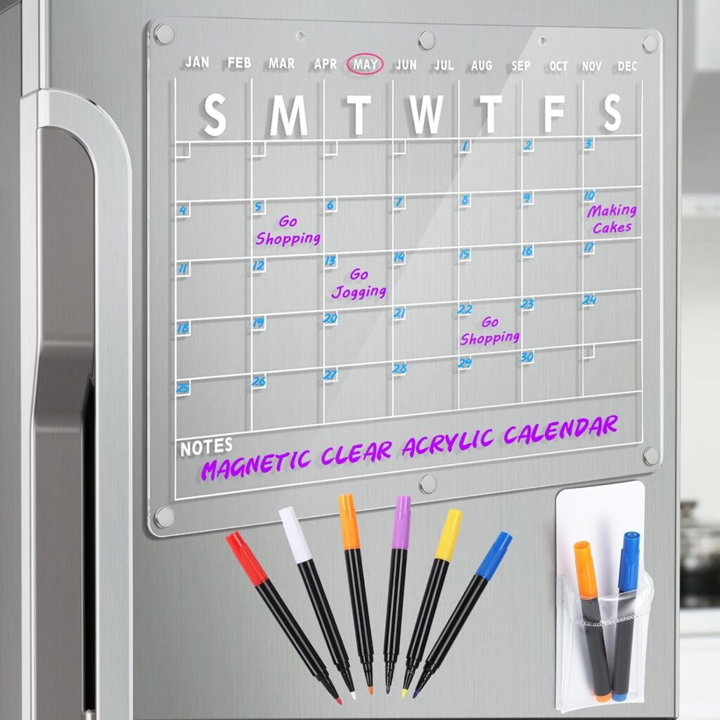Acrylic Magnetic Dry Erase Board Calendar for Fridge, 16.5″x12″ Inch Clear Dry Erase Calendar for Refrigerator, Magnetic Planning Calendar Includes 6 Colors Dry Erase Markers and Magnetic Pen Holder