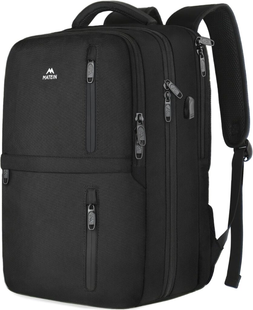 MATEIN Carry on Backpack, Flight Approved Travel Backpack with USB Port, TSA Personal Item Travel Bag fits 17″ Laptop, Large Water Resistant Luggage Overnight Weekender Bag for Men & Women 40L, Black MATEIN Carry on Backpack, Flight Approved Travel Backpack with USB Port, TSA Personal Item Travel Bag fits 17″ Laptop, Large Water Resistant Luggage Overnight Weekender Bag for Men & Women 40L, Black