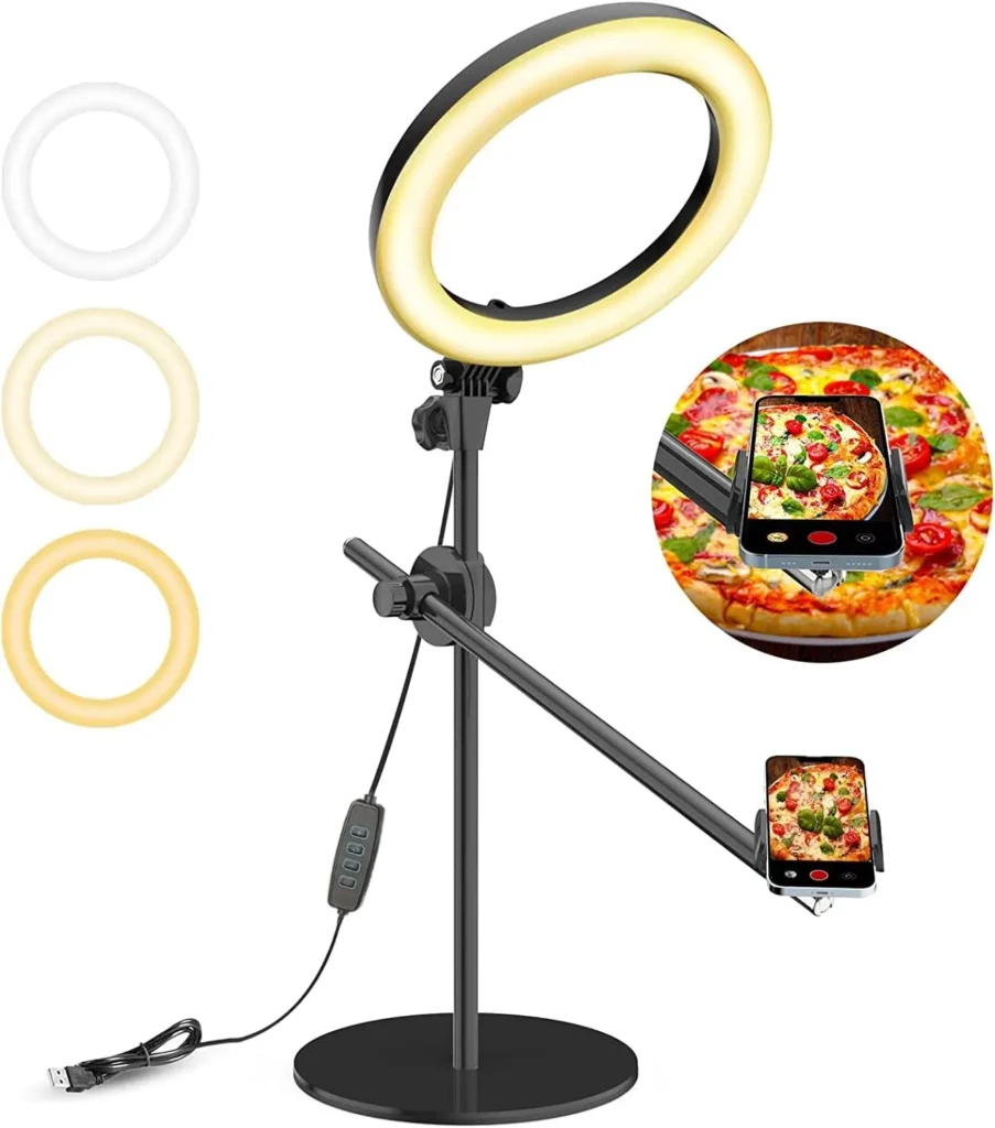 Overhead Camera Mount with Ring Light Phone Holder,10″ LED Ring Light for Desk with Stand and Remote for iPhone,Phone Tripod with Light for Video Recording TikTok Live Stream Cooking Kitchen Vlogging