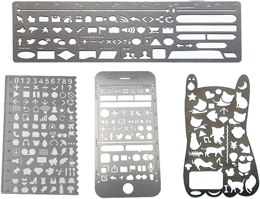 Bullet Journal Stencil Set,Ruler Drawing Painting Hollow Template Icon Tools DIY Kit for Scrapbook Album Card Planner Journal Making(Stainless Steel,4pcs with Different Icons)