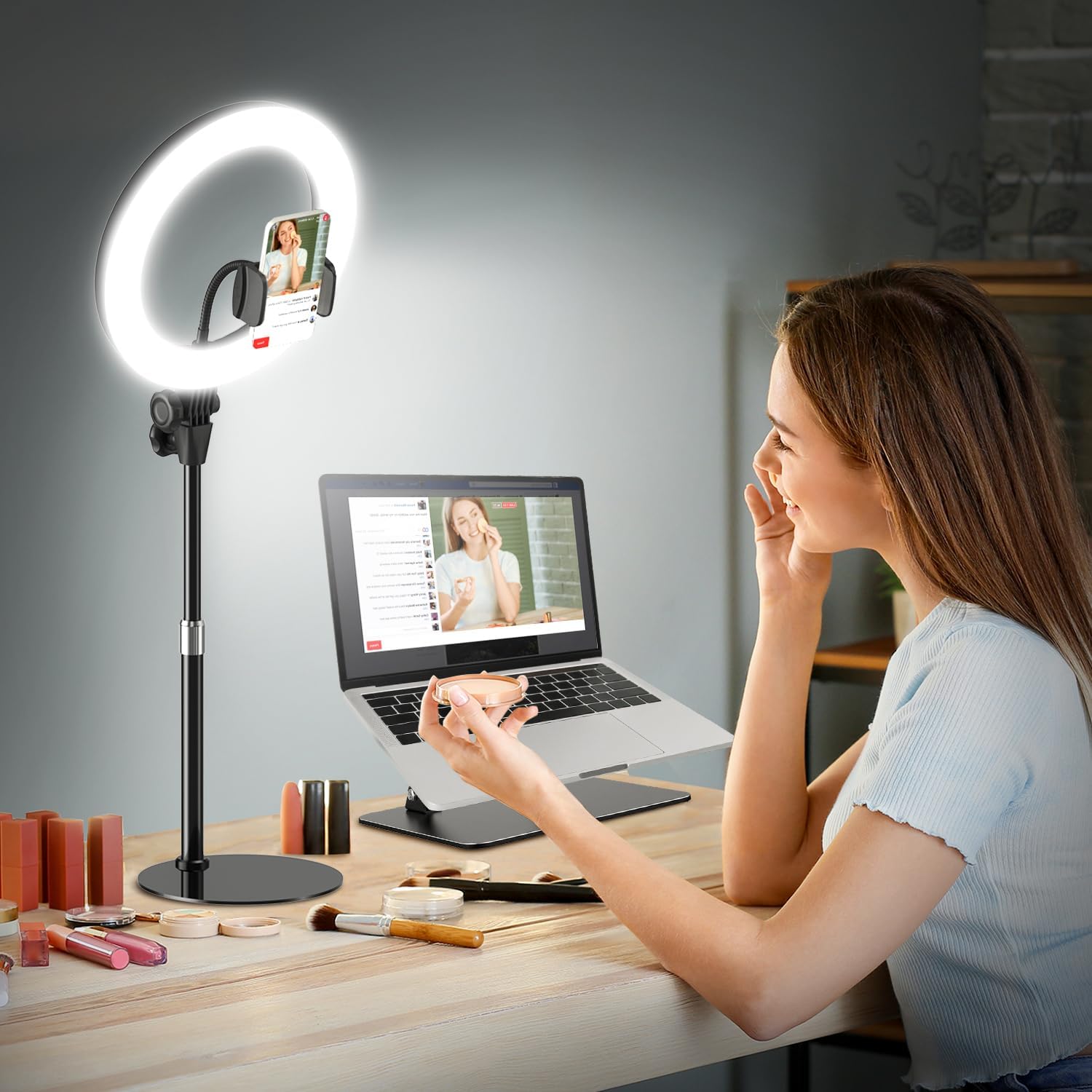 Desk Ring Light for Video Conference – Evershop 10″ Lighting with Phone Holder for Video Recording, Zoom Calls, Selfie,Online Meeting, Streaming,Lights with 30.7″ Adjustable Stand for Laptop, Computer