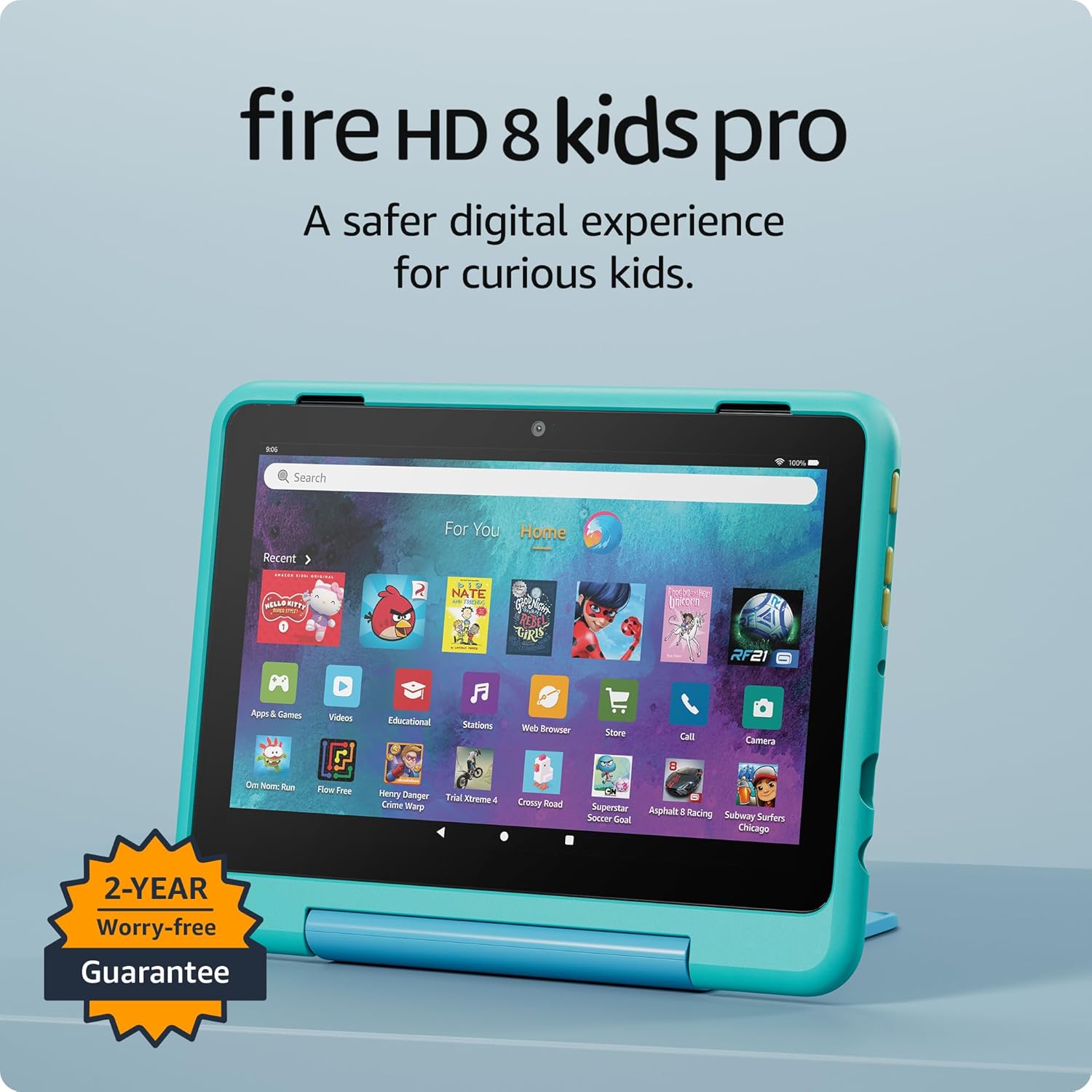 Amazon Fire HD 8 Kids Pro tablet (newest model), ages 6-12. Bright 8″ HD screen, includes ad-free content, parental controls, 13-hr battery, slim case for older kids, 64GB, Hello Teal