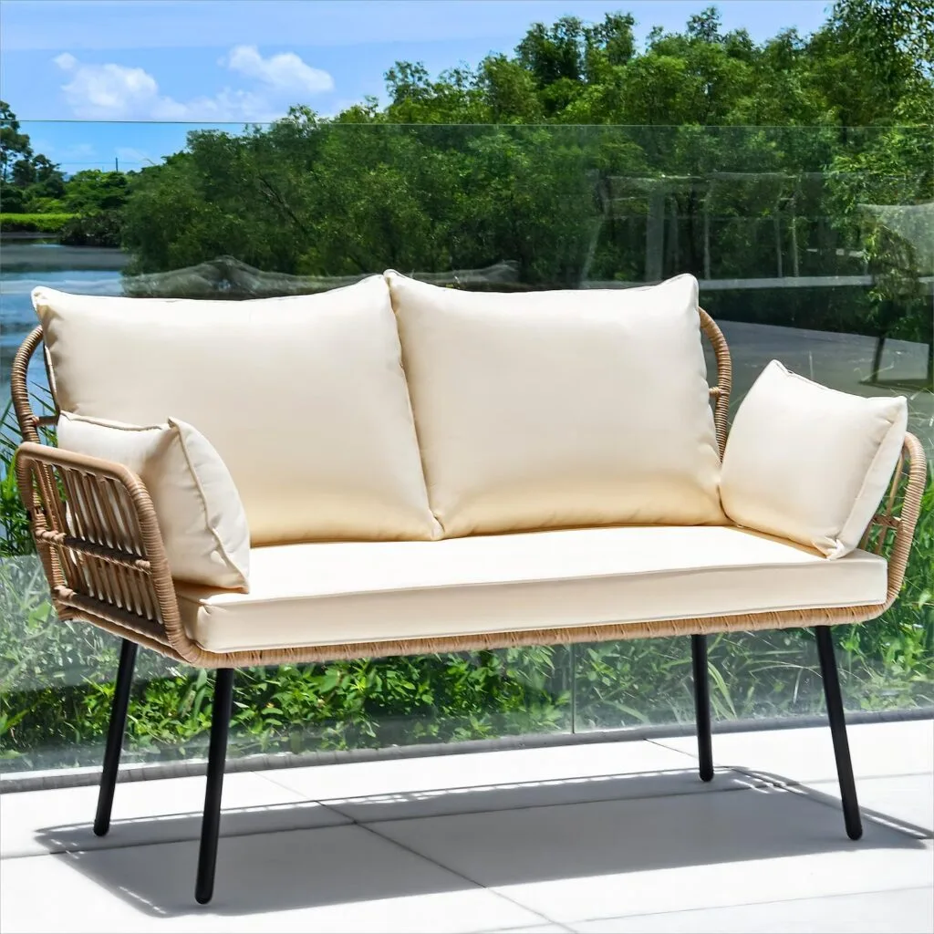 YITAHOME Love Seat Patio Sofa, All-Weather Wicker Loveseat Patio Sectional Furniture with Cushions & Lumbar Pillows, Outdoor Patio Furniture Set for Patio, Balcony, Backyard, Deck, Poolside – Beige