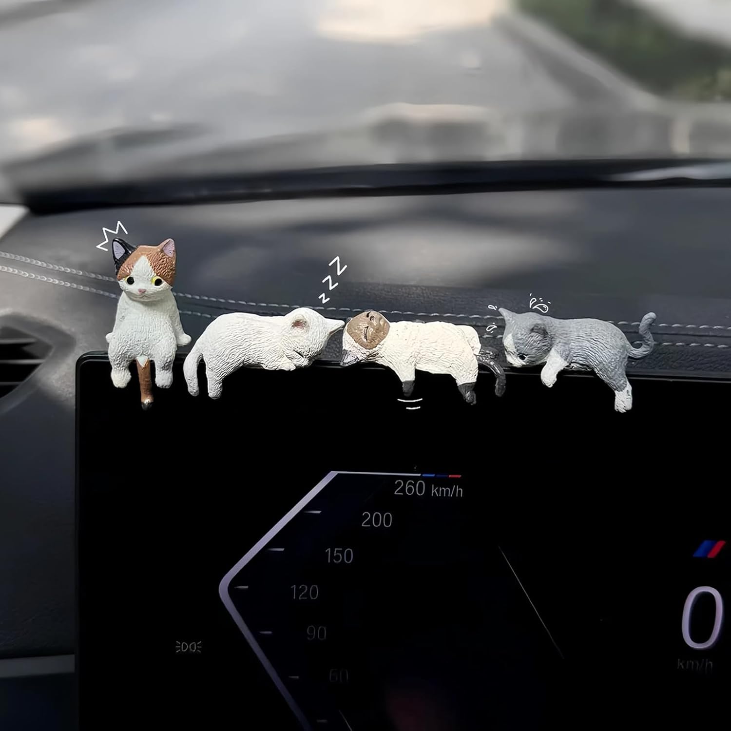 Cat Car Interior Aesthetic Accessories Dash Decorations, Set of 4 Cute Car Dashboard Decor Rearview Mirror Ornament for Women Girl (Kitten)