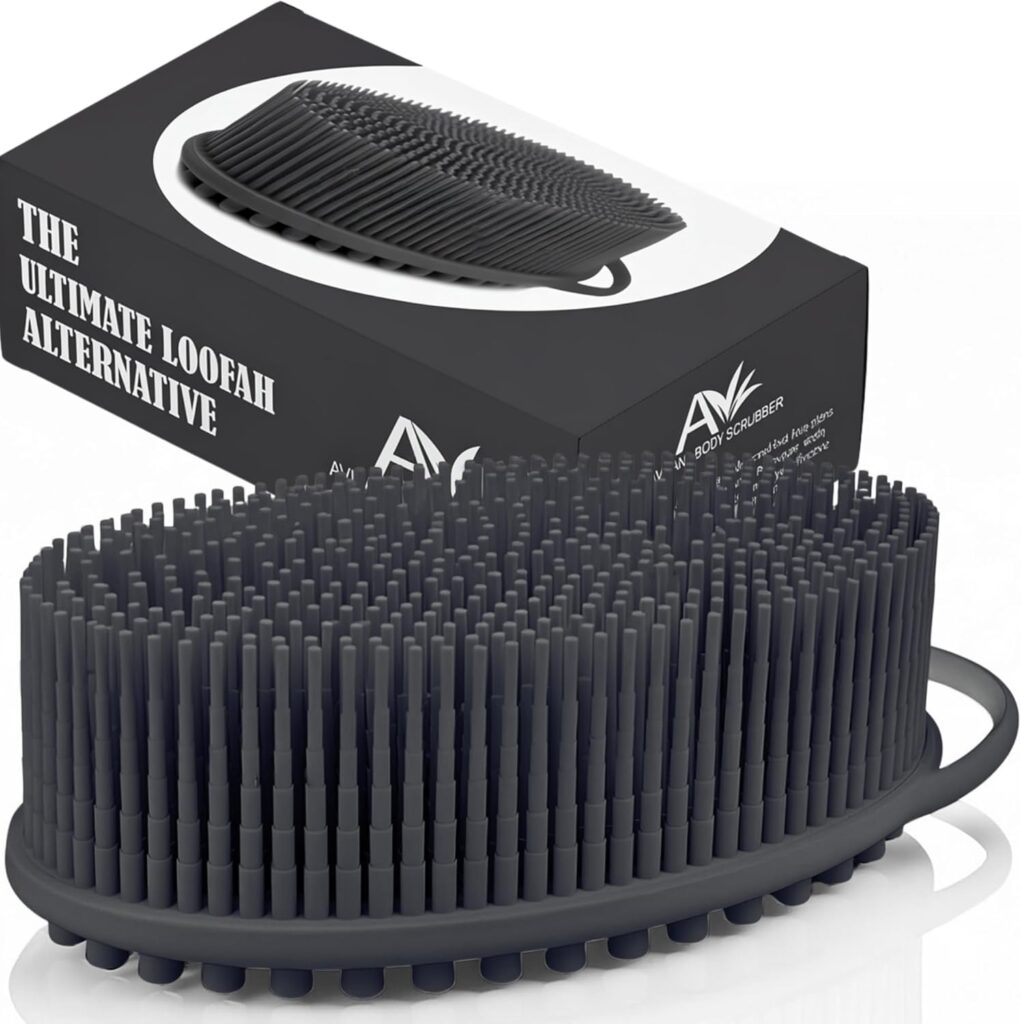 Avilana Silicone Body Scrubber – Gentle Shower Brush & Loofah Alternative- Food Grade & Lab Tested – Fast-Drying, Hygienic, BPA-Free Silicone Body Gentle Exfoliator (Dark Gray, Massage)