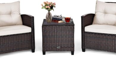 Tangkula 3 Pieces Patio Furniture Set, PE Rattan Wicker 3 Pcs Outdoor Sofa Set w/Washable Cushion and Tempered Glass Tabletop, Conversation Furniture for Garden Poolside Balcony (White) Tangkula 3 Pieces Patio Furniture Set, PE Rattan Wicker 3 Pcs Outdoor Sofa Set w/Washable Cushion and Tempered Glass Tabletop, Conversation Furniture for Garden Poolside Balcony (White)