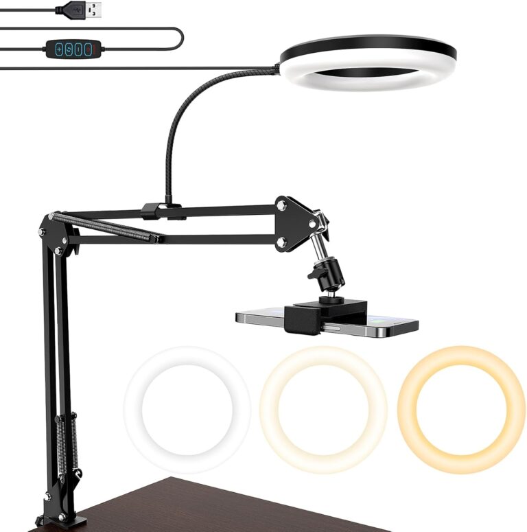 Overhead Camera Mount with Ring Light, 6‘’ Overhead Phone Mount Compatible with iPhone Camera Webcam, Articulating Arm Phone Mount for YouTube Live Stream Cooking Nail Video Recording
