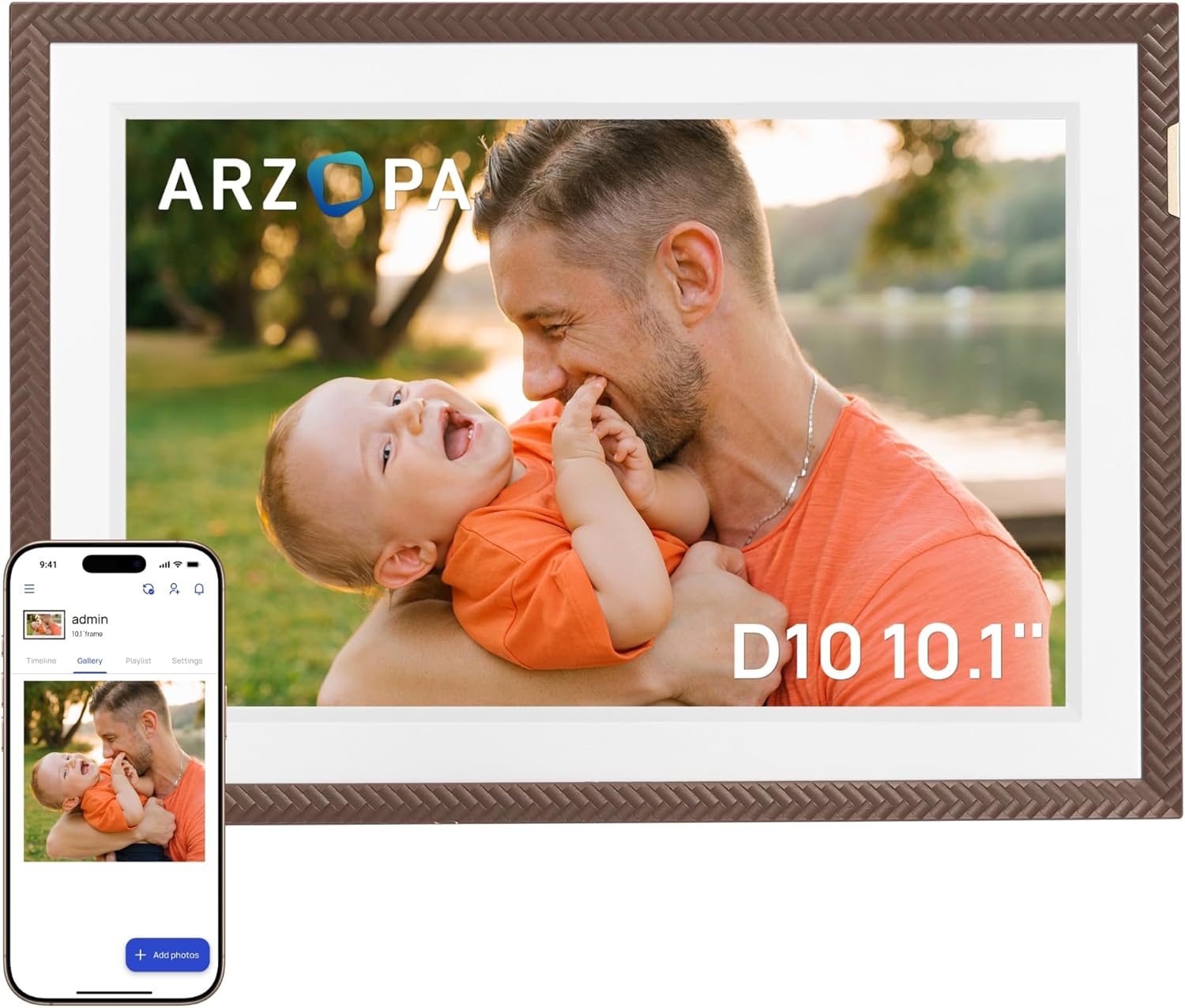 ARZOPA 10.1″ WiFi Digital Picture Frame 32GB HD IPS Anti-Glare Touch Screen Digital Photo Frame, Wall Mountable, Auto-Rotate, Easy Sharing Photos Videos &Custom Gifting via Free ARZOPA APP – D10 Brown