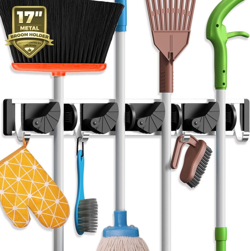 Holikme Mop Broom Holder Wall Mount Metal Pantry Organization and Storage Garden Kitchen Tool Organizer Wall Hanger for Home Goods (4 Positions with 4 Hooks, Black) Holikme Mop Broom Holder Wall Mount Metal Pantry Organization and Storage Garden Kitchen Tool Organizer Wall Hanger for Home Goods (4 Positions with 4 Hooks, Black)