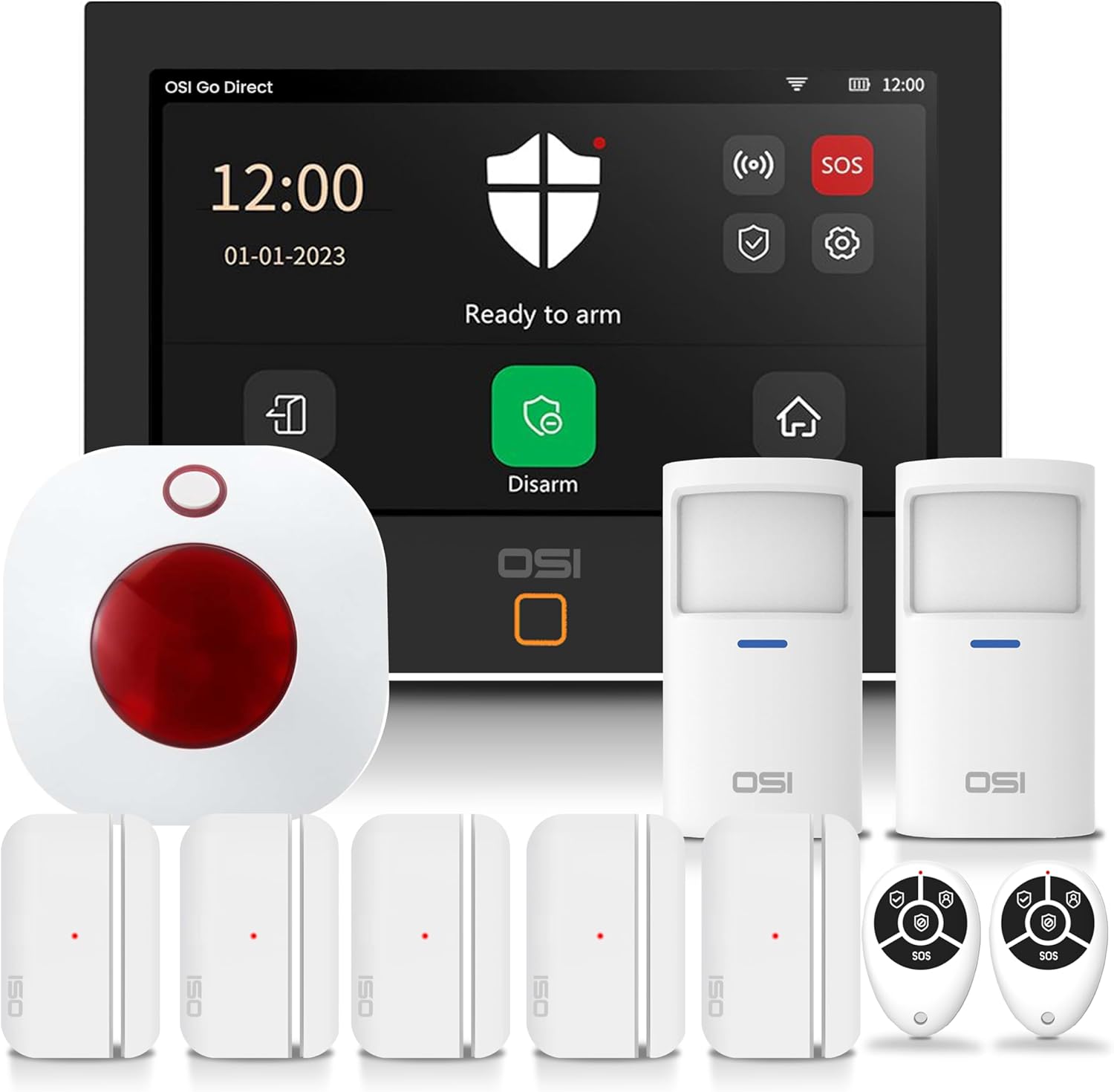 OSI Alarm System for Home Security (Gen 2)11 piece. DIY, Touch Screen, Motion Detection, Contact sensors, Wireless Siren, Remotes, Phone App, Compatible with Alexa, Continuous Updates,NO Monthly Fees