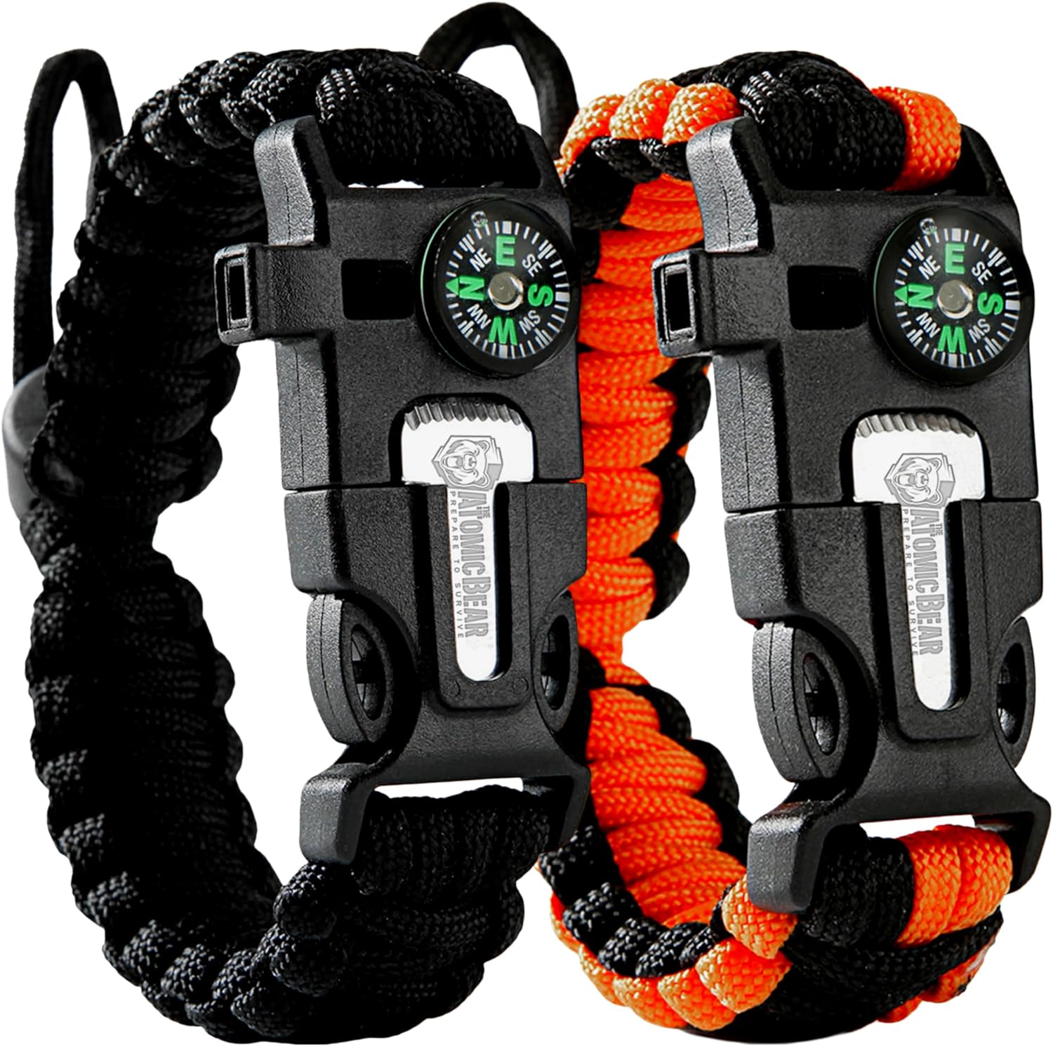 Atomic Bear Paracord Bracelet (2 Pack) – Adjustable – Fire Starter – Loud Whistle – Perfect for Hiking, Camping, Fishing and Hunting – Black & Black+Orange