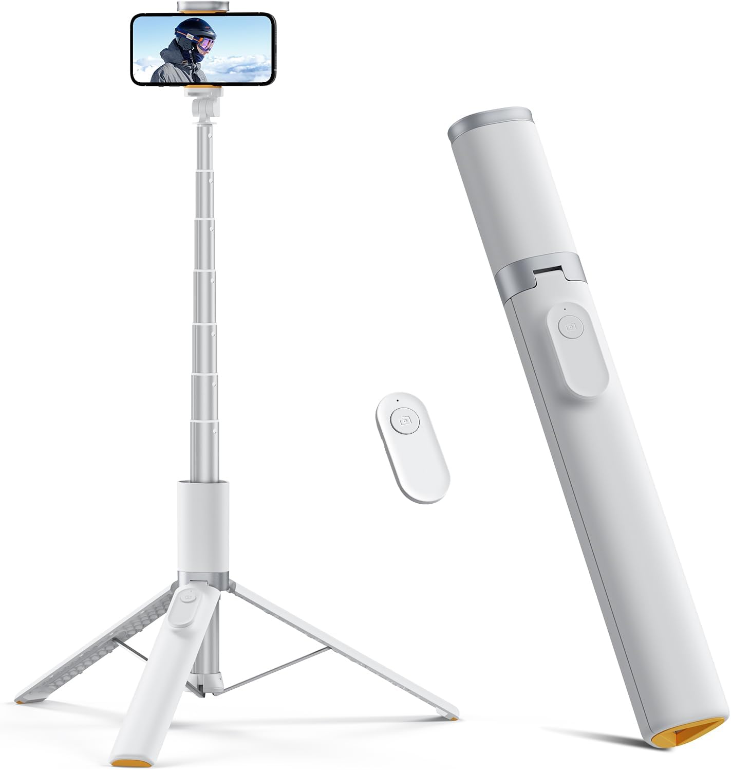 TODI 63″ Phone Tripod, Extendable Selfie Stick with Wireless Remote and Phone Holder, Portable All-in-1 Cell Phone Tripod Stand for Video Recording, Compatible with iPhone/Android (White)