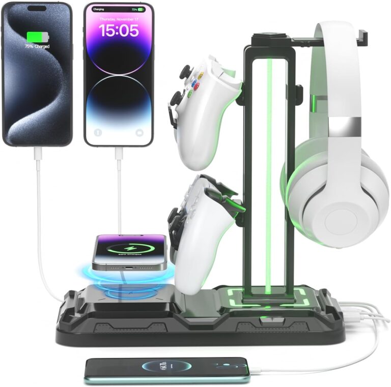 KDD Headphone & Controller Stand with Wireless Charging – Rotatable Headset Stand with 9 Light Modes – Controller Holder with 2 USB and Type C Ports – for Gamers Desktop Accessories