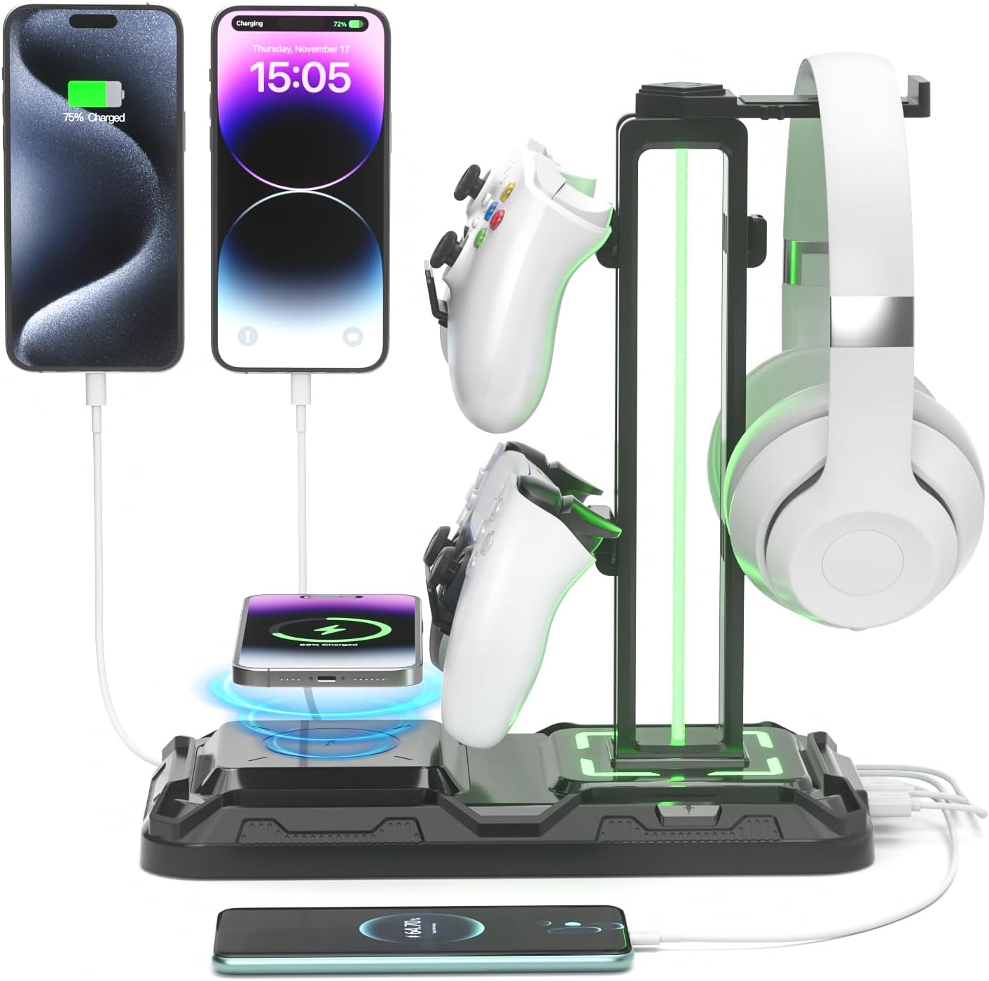 KDD Headphone & Controller Stand with Wireless Charging – Rotatable Headset Stand with 9 Light Modes – Controller Holder with 2 USB and Type C Ports – for Gamers Desktop Accessories