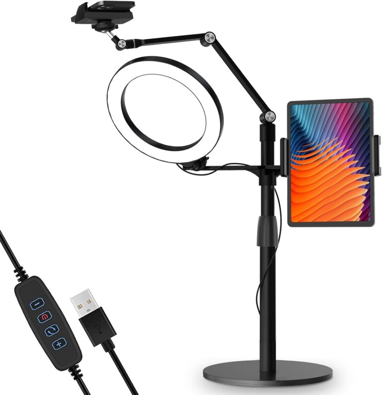 viozon 3-in-1 Selfie Desktop Live Stand, Height Adjustable/Overhead, 8″ LED Ring Light, Compatible with 3.5-13″ Tablet& Phone, Suitable for YouTube/Tiktok/Recording/Streaming/Online Meeting-B