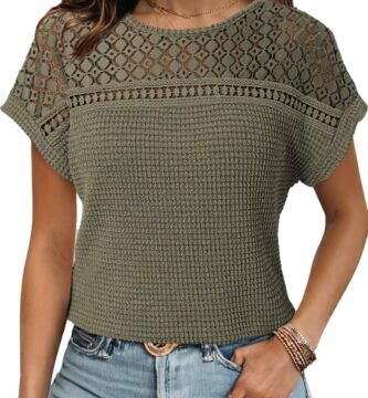 Dokotoo Women’s Tops Casual Scoop Neck Short Sleeve Waffle Knit Hollow Out Shirts Loose Tunic Tops Blouses