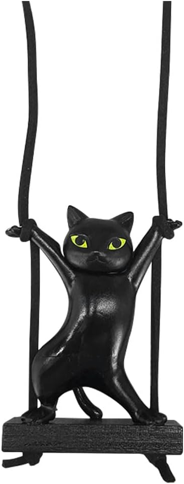 Cute Cat Car Hanging Ornament, Swing Rear View Mirror Charm, Auto Mirror Hanging Decoration, Car Interior Accessories Pendant for Women Men (Black)