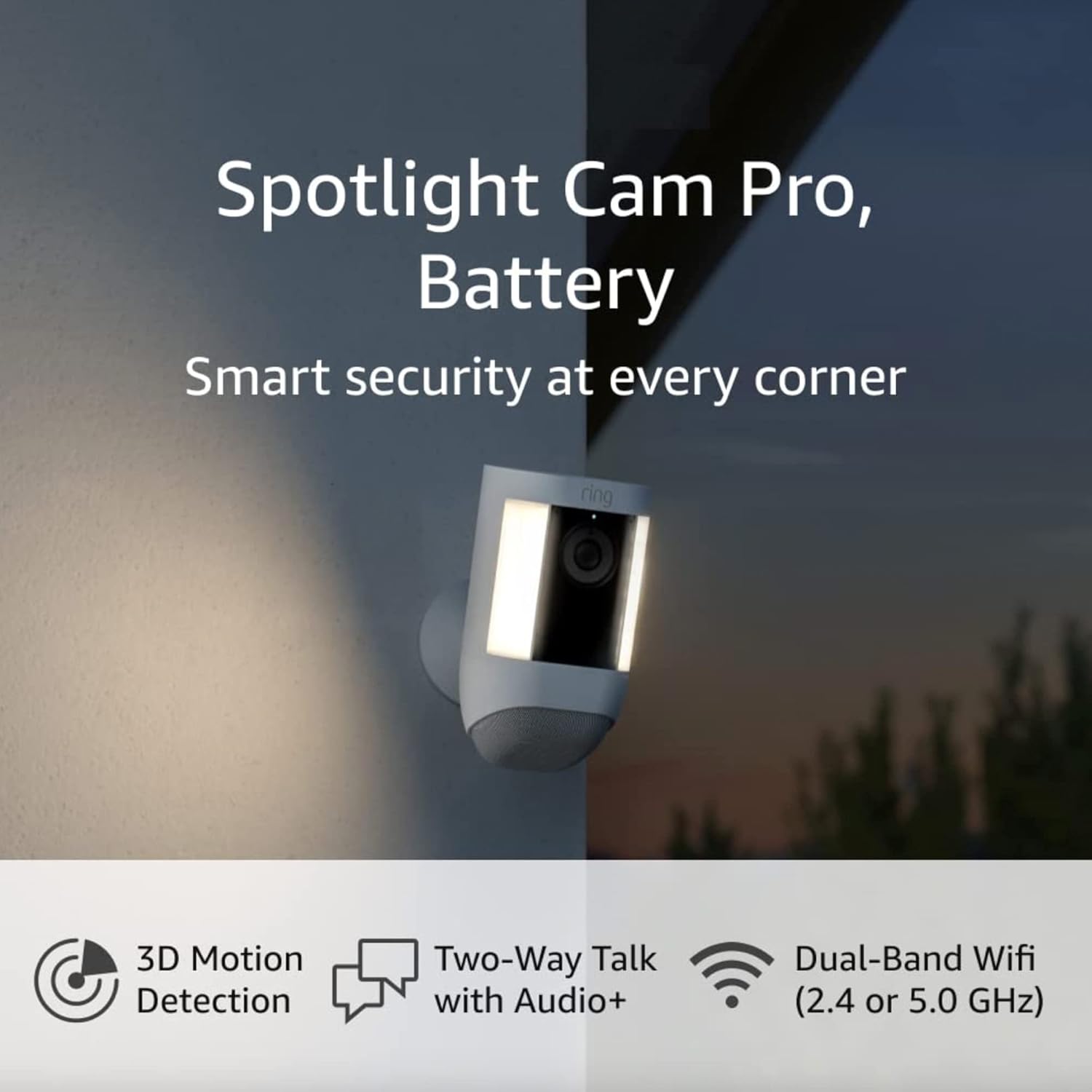 Ring Spotlight Cam Pro, Battery, Home or business security, Retinal 2K Video, Color Night Vision and Two-Way Talk with Audio+, White
