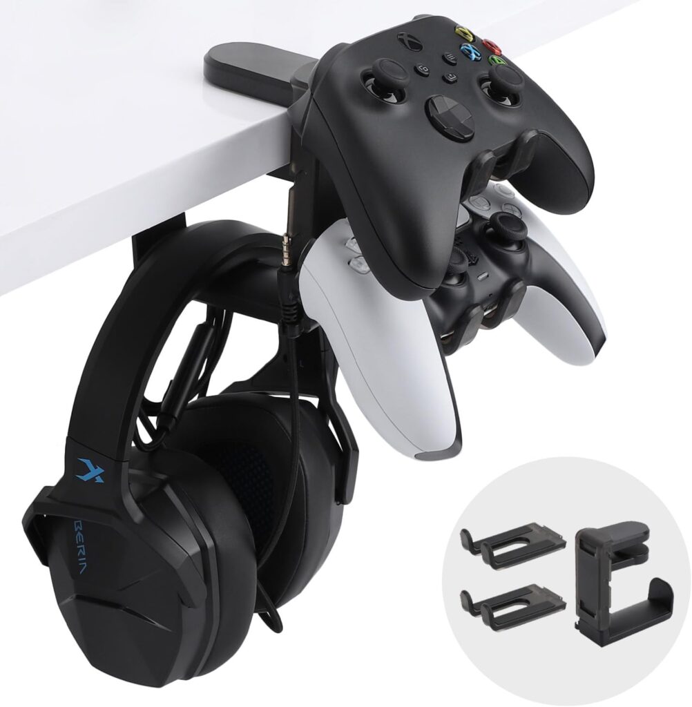 PC Gaming Headphone Stand & Controller Holder, 3 in 1 Under Desk Clamp Universal Headset Controllers Hook with Adjustable and swivelling arm clamp(Black)