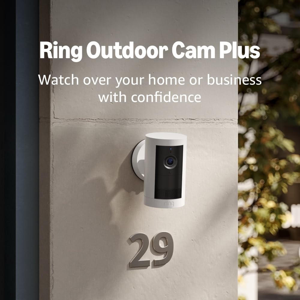 Introducing Ring Outdoor Cam Plus, Battery — Wide-Angle 2K Video with Ring Vision, Low-Light Sight for full-color night vision, Mount-Anywhere Versatility, White