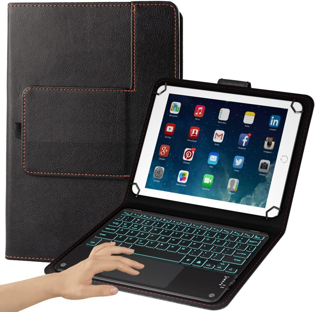 TouchPad Keyboard case for 9″,9.7″,10.1″,10.2″,10.5″,10.9″,11″ Tablets,2-in-1 Bluetooth Wireless Keyboard with Touchpad,7 Colors Backlit & Leather Folio Cover(Black)