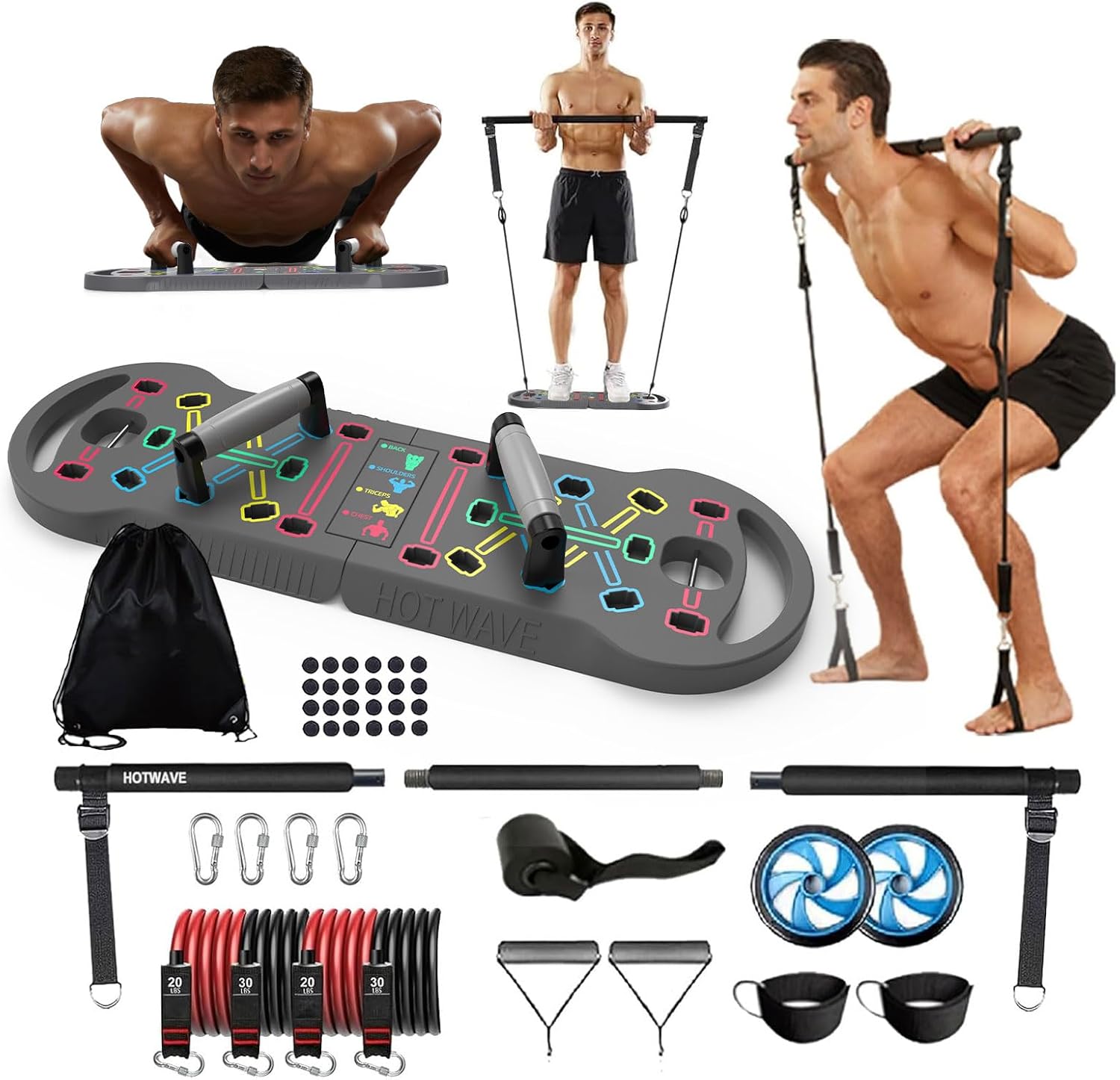 HOTWAVE Portable Exercise Equipment with 16 Gym Accessories,20 in 1 Push Up Board Fitness,Resistance Bands with Ab Roller Wheel,at Home Workout for Men