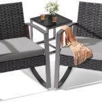 Noelse 3 Piece Wicker Patio Furniture Set, Outdoor Rocking Chairs, Outdoor Furniture with Table & Cushions, Patio Chairs for Balcony Porch, Gray