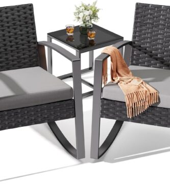 Noelse 3 Piece Wicker Patio Furniture Set, Outdoor Rocking Chairs, Outdoor Furniture with Table & Cushions, Patio Chairs for Balcony Porch, Gray Noelse 3 Piece Wicker Patio Furniture Set, Outdoor Rocking Chairs, Outdoor Furniture with Table & Cushions, Patio Chairs for Balcony Porch, Gray
