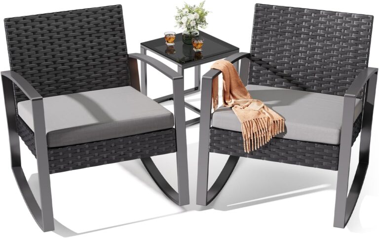 Noelse 3 Piece Wicker Patio Furniture Set, Outdoor Rocking Chairs, Outdoor Furniture with Table & Cushions, Patio Chairs for Balcony Porch, Gray