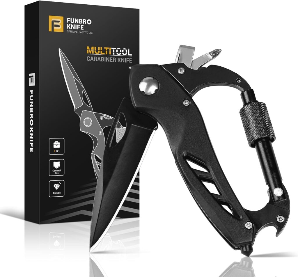 Multitool Carabiner with Pocket Knife, Stocking Stuffers Gifts for Men, EDC Carabiners with Folding Knives, Bottle Opener, Window Breaker and Screwdriver, Survival Gear for Camping Hiking Multitool Carabiner with Pocket Knife, Stocking Stuffers Gifts for Men, EDC Carabiners with Folding Knives, Bottle Opener, Window Breaker and Screwdriver, Survival Gear for Camping Hiking