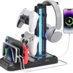 KDD Headset Stand with Charging Station – Detachable Controller Holder with 9 Light Modes – Rotatable Headphone Hanger with USB A&C Charger Ports – Earphone Hook for PC Gaming Accessories Storage