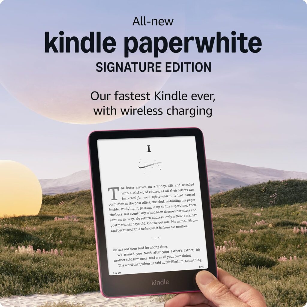 All-new Amazon Kindle Paperwhite Signature Edition Essentials Bundle including All-new Kindle Paperwhite Signature Edition (32GB) – Raspberry, Fabric Cover-Raspberry, and Wireless Charging Dock All-new Amazon Kindle Paperwhite Signature Edition Essentials Bundle including All-new Kindle Paperwhite Signature Edition (32GB) – Raspberry, Fabric Cover-Raspberry, and Wireless Charging Dock