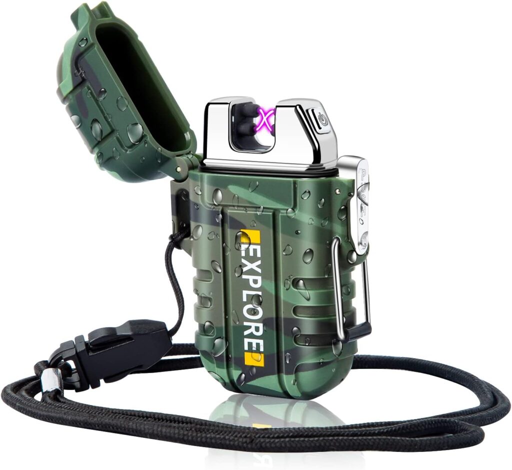 LcFun Waterproof Electric Dual Arc Lighter USB Rechargeable Outdoor Windproof Flameless Plasma Lighters for Camping, Hiking, Adventure, Survival Tactical Gear Stocking Stuffers Gifts for Men