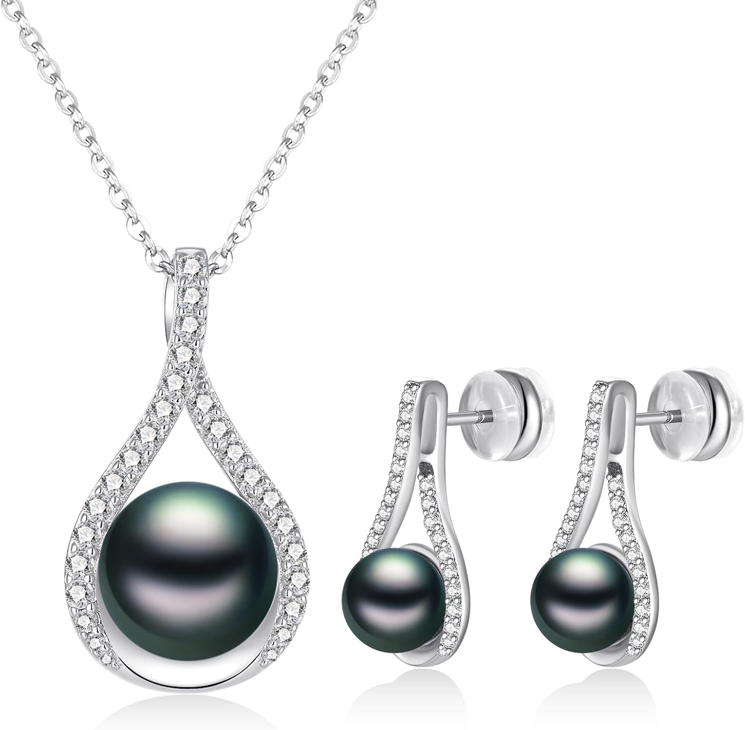Pearl Necklace and Earring Set for Women- 925 Sterling Silver Adjustable Jewelry Set, White Gold /14K Gold Plated Infinity Black White Pearl Jewelry Set Anniversary Birthday Gifts for Her