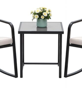 Devoko 3 Piece Rocking Bistro Set Wicker Patio Outdoor Furniture Porch Chairs Conversation Sets with Glass Coffee Table (Beige)