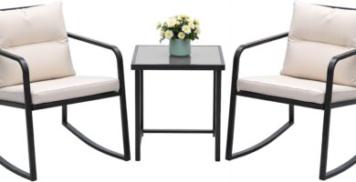 Devoko 3 Piece Rocking Bistro Set Wicker Patio Outdoor Furniture Porch Chairs Conversation Sets with Glass Coffee Table (Beige)