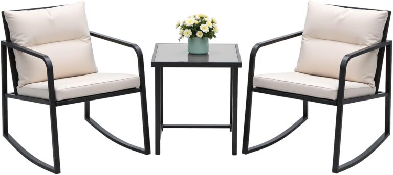 Devoko 3 Piece Rocking Bistro Set Wicker Patio Outdoor Furniture Porch Chairs Conversation Sets with Glass Coffee Table (Beige)