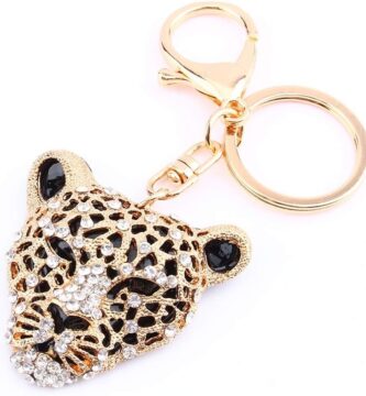 Leopard Bag Pendant, 2×1.97 in Leopard Charm, Gold Rhinestone Keychain Cute Cheetah Head Purse Key Ring Chain Sparkling Crystal Charming Decoration Adornment for Wallet Handbags Lady Girlfriend