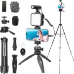 USKEYVISION Vlogging Kit for iPhone Youtuber Starter Kit Content Creator Equipment for iPhone 16/15Pro Max with 59” Extendable Fullsize Tripod, LED Light,Shotgun Mic Video Recording(Vlog K4)